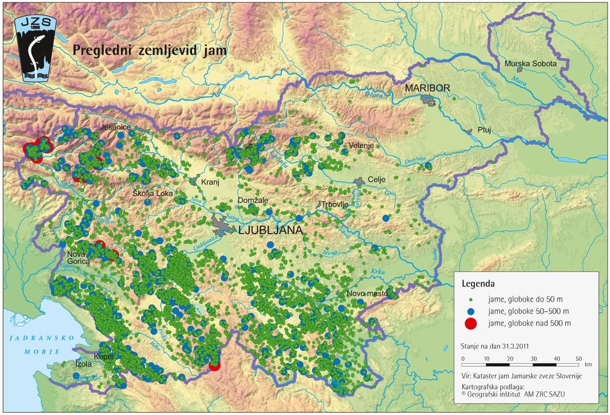 Mapa de cavernas na Eslovénia