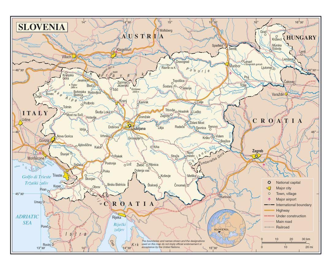 Mapa da Eslovénia aeroportos
