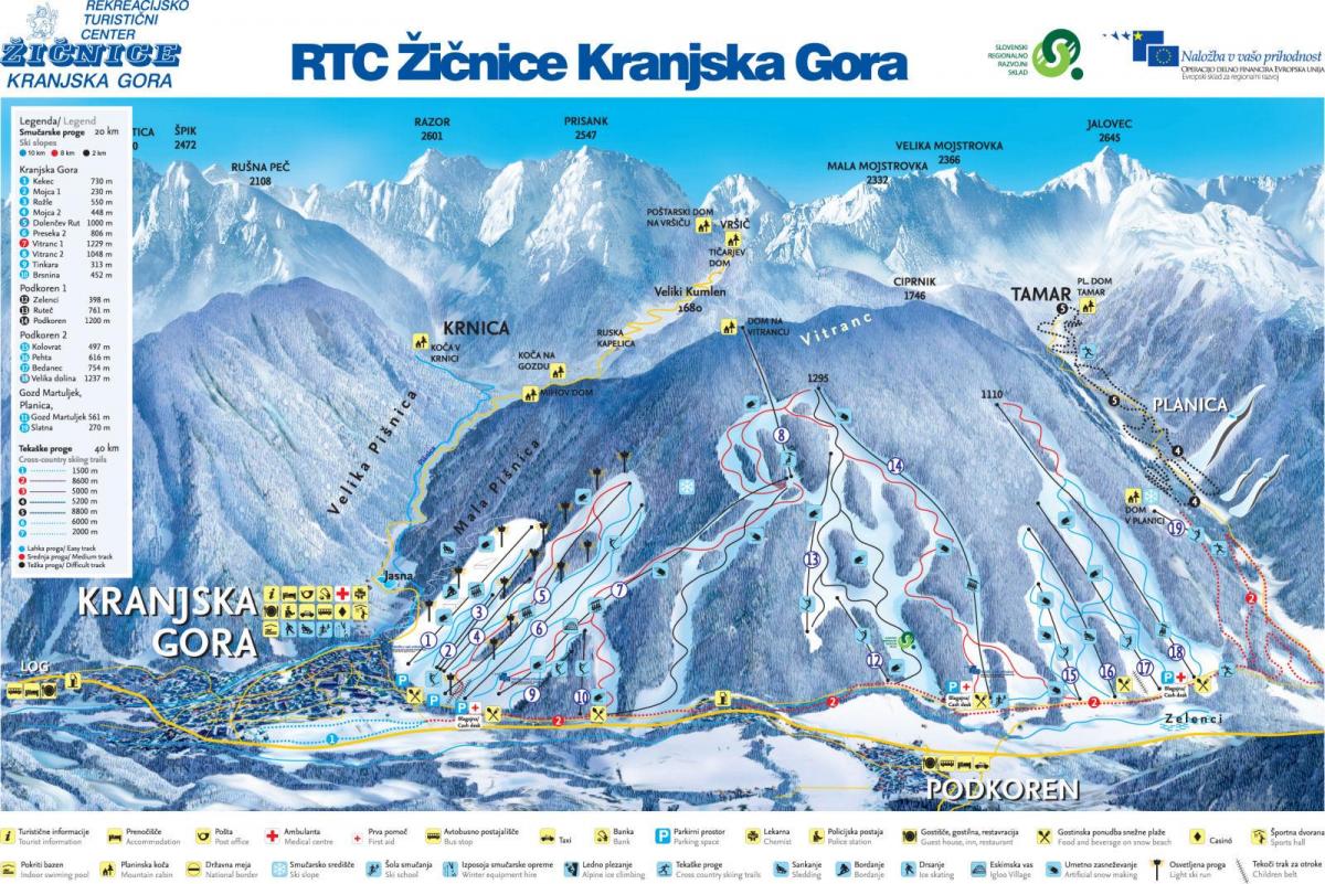 Mapa da Eslovénia resorts de esqui.