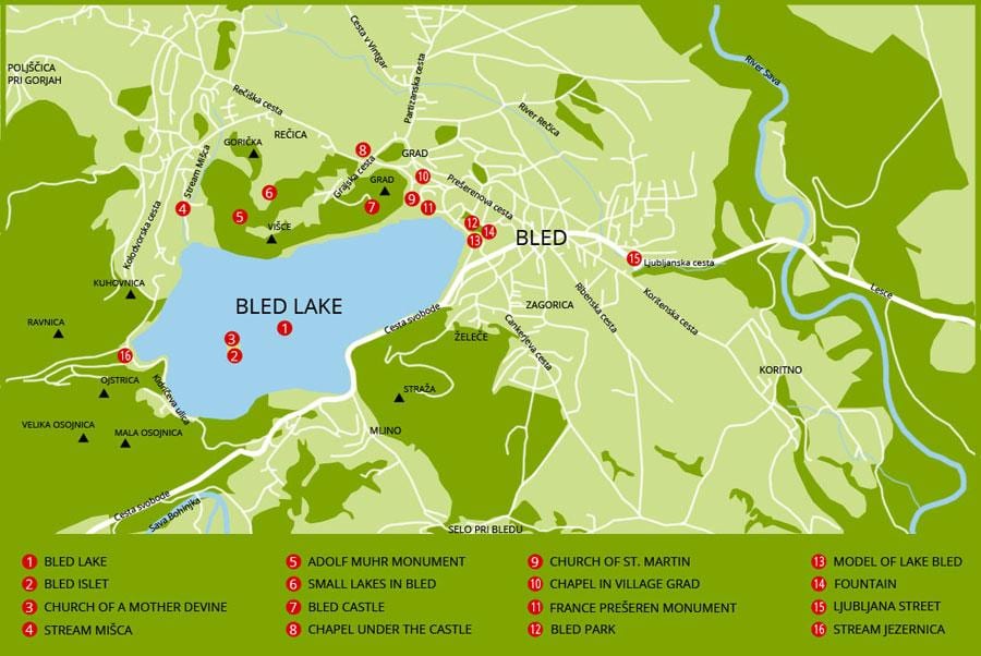 mapa da Eslovénia mostrando o lago bled